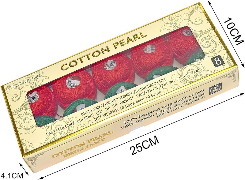 colored bird Double Mercerized Egyptian Long Staple Cotton Pearl Thread Ball 10 Grams Rainbow Color Embroidery Thread 10 Colors per Box for Crochet Hardanger Cross Stitch Hand Embroidery,red Green - Image 3